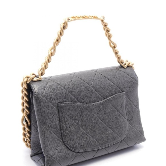 CHANEL Shoulder Bag Leather Grained Calfskin Gray with Gold Chain - Picture 14 of 16